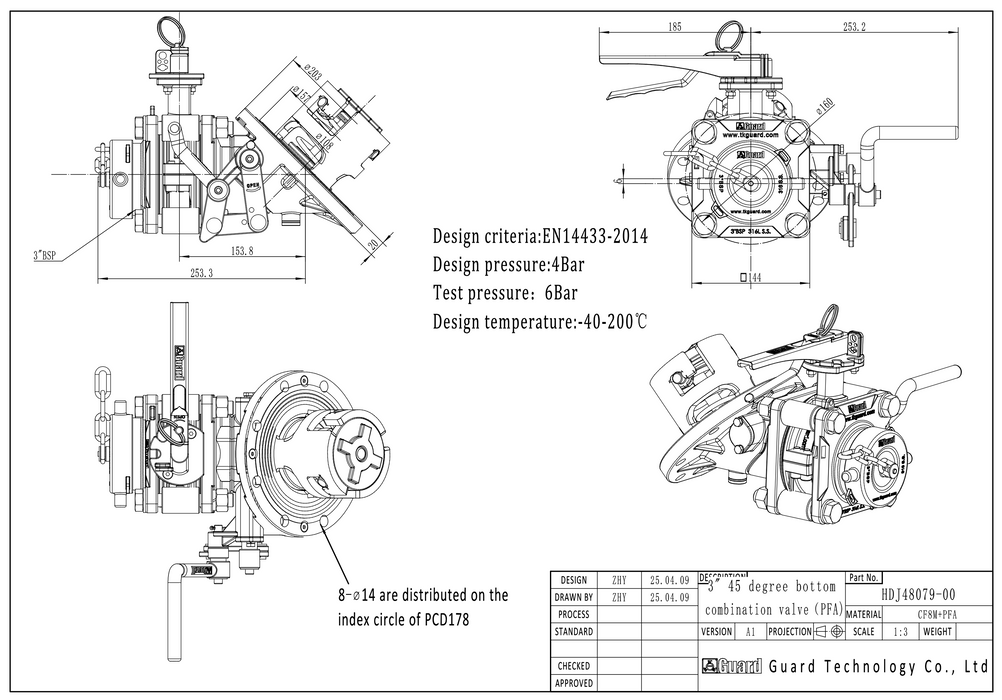 3” 45° Bottom Discharge assembly, PFA lined