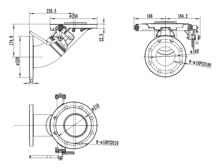 Válvula de pie de giro de 4″ y 45°