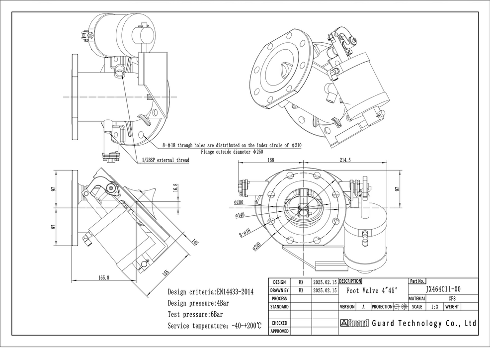 4" 45°  Steam heated Pneumatic Foot Valve, pointed poppet