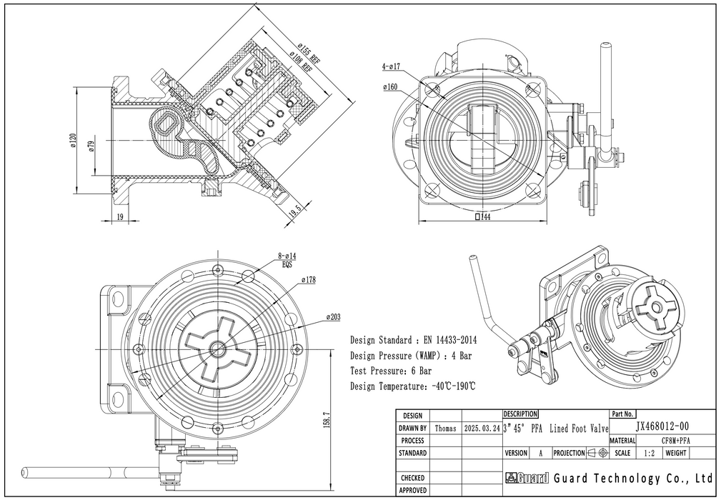 3” 45° Bodemklep bekleed met PFA