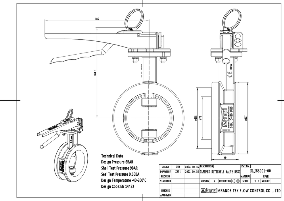 Vanne papillon à collier de serrage 3" de type I, ouverture à gauche